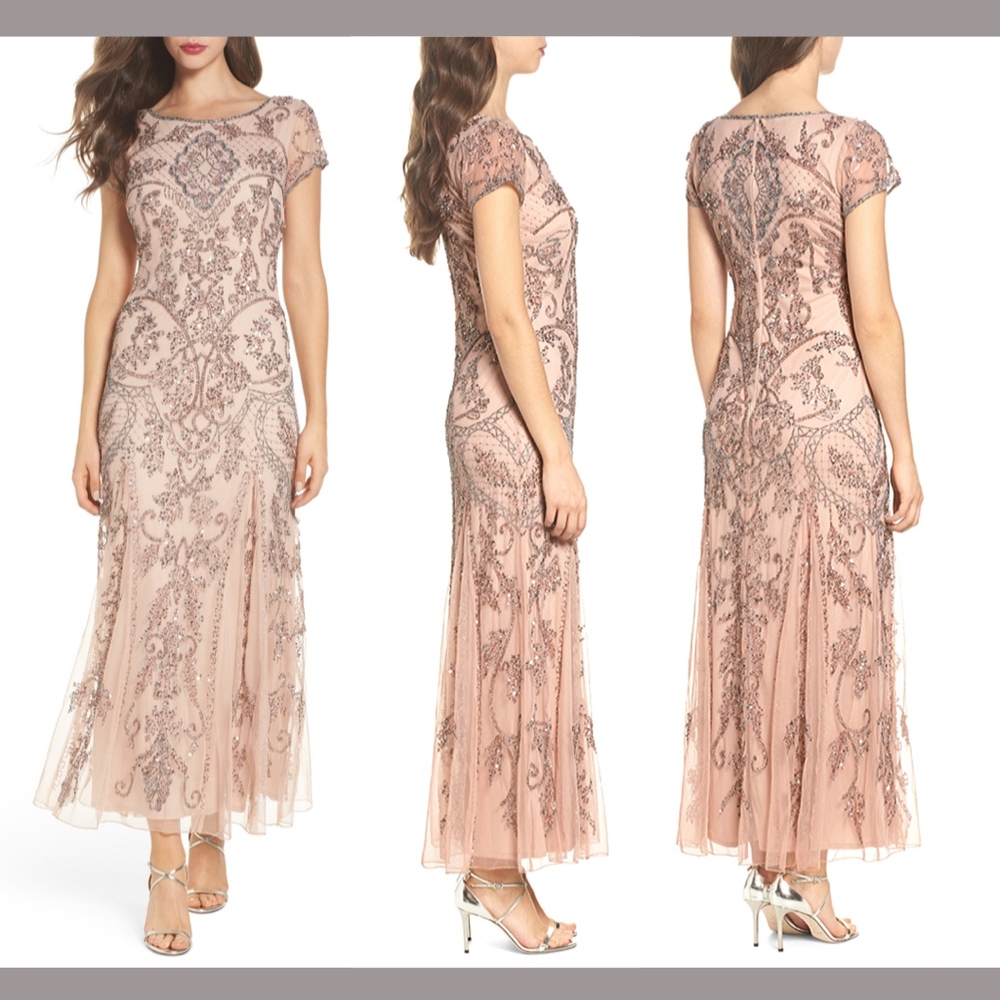 NWT Pisarro Nights Embellished Mesh Gown‎ in Blush Pink [SZ 2 ]